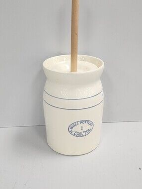 Miali Pottery Ceramic Crock - Cream with Blue Trim